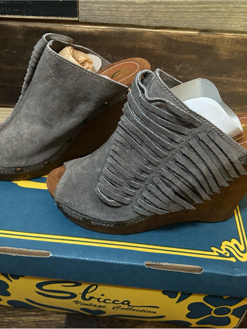 Sbicca Gray Suede Fringe Wedge Mules